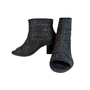 Cloudwalkers by Avenue Black Embellished Open Toe Zip Boots Block Heel Size 9.5